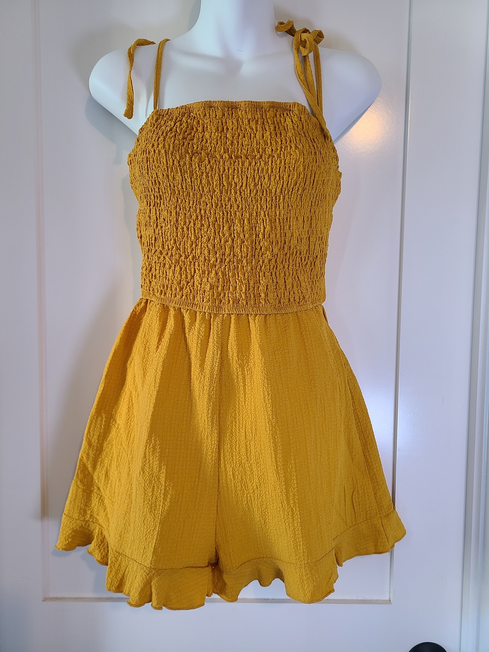 SHEIN Mustard Yellow Smocked Tie-Shoulder Romper